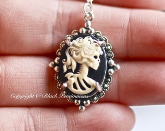 Miss Skeleton Solid Sterling Silver Marcasite .925 Necklace - 18x13mm - 6 Cameo Colors - 2 Directions - Insurance Included