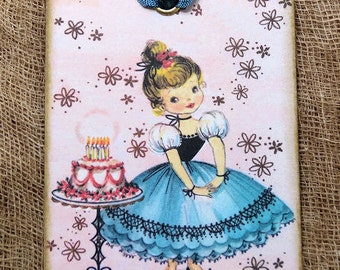 Retro Happy Birthday GirlWith Cake Gift or Scrapbook Tags or Magnet #10