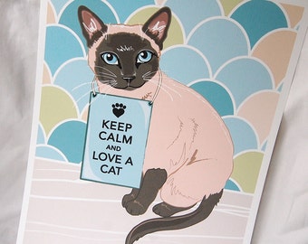 Keep Calm Siamese Cat with Scaled Background - 8x10 Eco-friendly Print