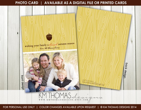 Acorn Fall Photo Card: Fall Greeting Card - Autumn Holiday Card - Woodgrain - Yellow Brown - Printable - #F106 Il_570xn