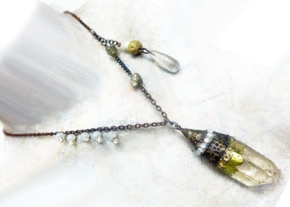 Theotokos. Rustic cosmic raw quartz gold leaf pendant necklace.