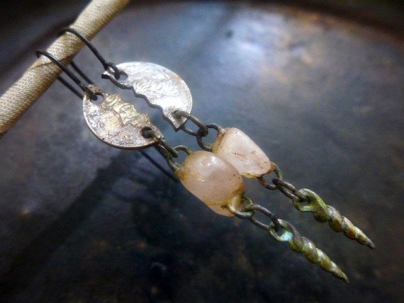 Angel of Agony. Long rustic assemblage earrings with cut coin.