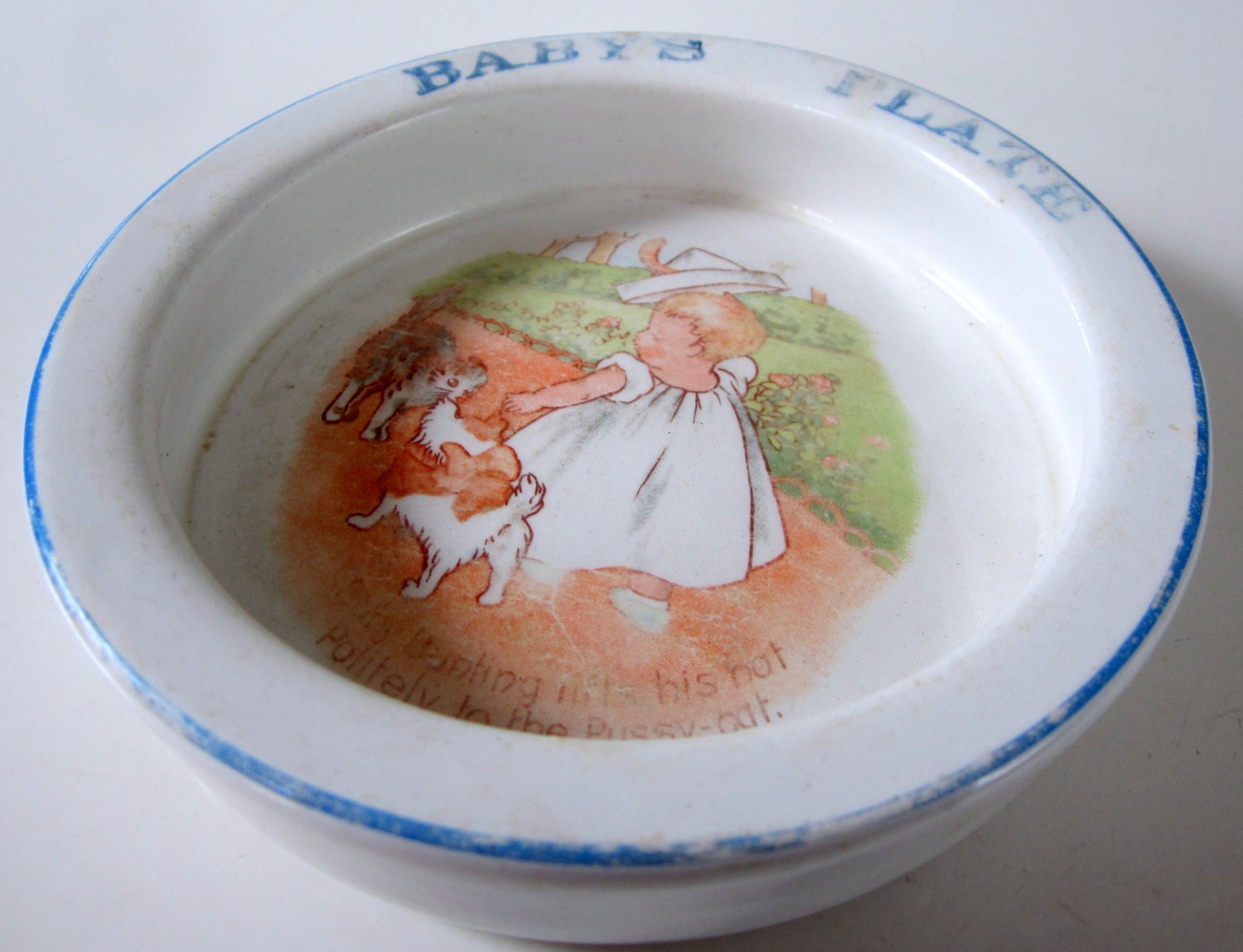Antique Childs Baby Bunting Bowl Plate Stoneware Nursery Rhyme Collectible Dish Haute Juice
