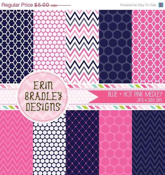 50% OFF SALE Digital Paper Pack Personal and Commercial Use Blue and Hot Pink Il_570xn