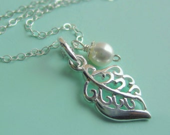 Sterling Silver Filigree Leaf and Swarovski Pearl Necklace