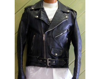 Black Hudson Leather Motorcycle Jacket Harley Davidson Wolf Head Patch Vintage