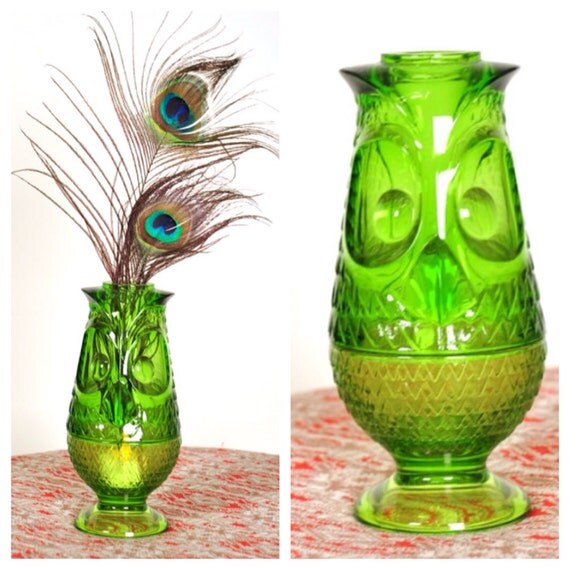 vintage // VIKING GLASS // owl candle holder // 70's green