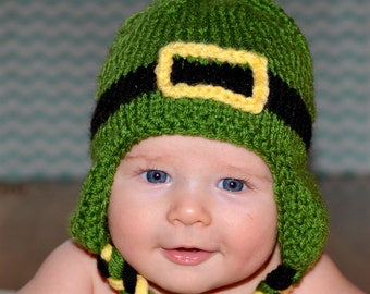 St. Patrick's Day Baby Hat- Crochet Shamrock Baby St. Patty's Day Hat- Ear Flaps- Boys- Girls- Photo Prop