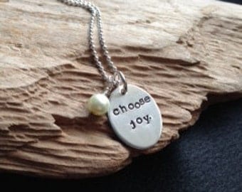 Hand stamped necklace--Quote necklace--Sterling silver-- Choose JOY necklace