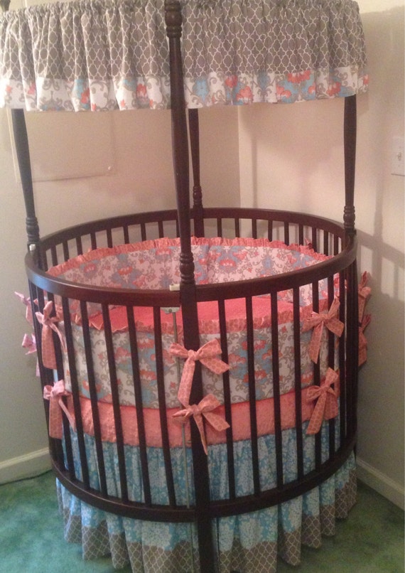Round Crib Bedding Set Aqua Coral and Gray by butterbeansboutique
