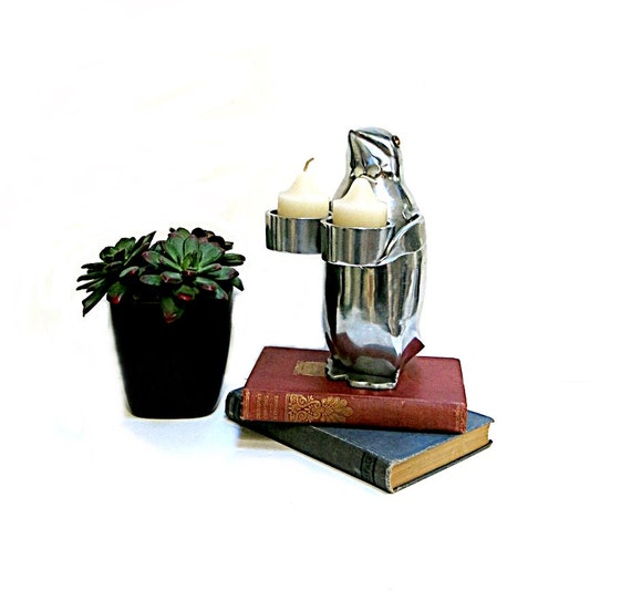 Vintage Penguin Candle Holder Stainless Steel Votives or Tealights 1980s