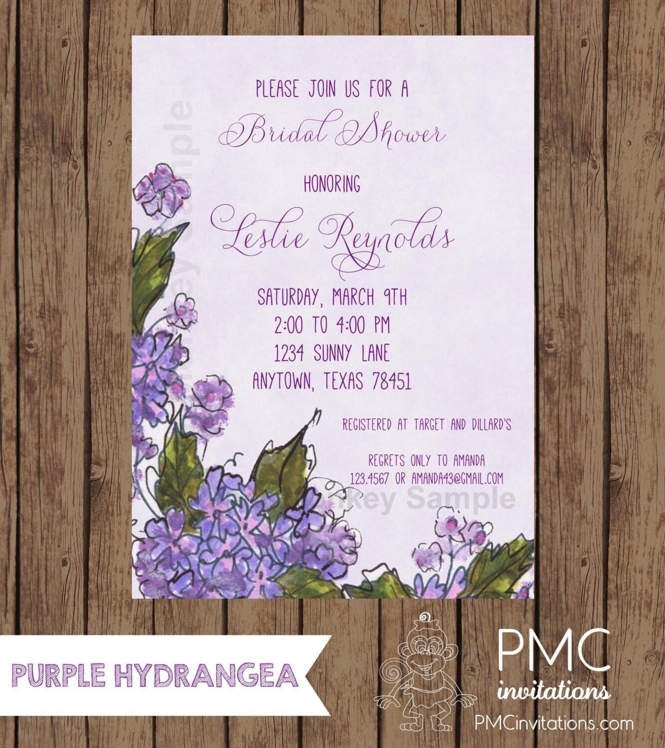 Custom Printed Purple Hydrangea Bridal Shower Invitations