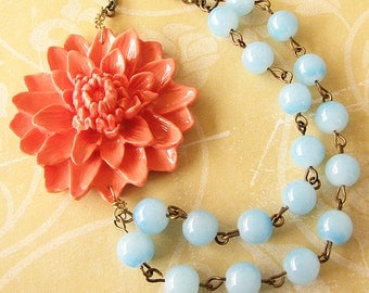 Beaded Necklace Flower Necklace Bridesmaid Jewelry Coral Jewelry Statement Necklace Mint Jewelry Gift For Her