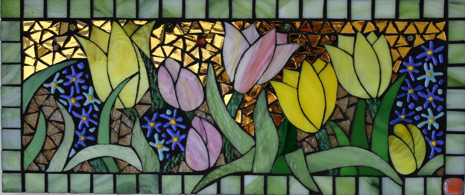 Mosaic Stained Glass Spring Garden Flowers by GlassArtsStudio