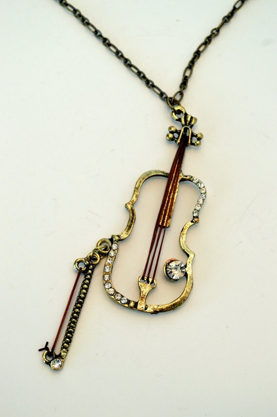 Violin Pendant Necklace With Rhinestones by DebbieRenee on Etsy