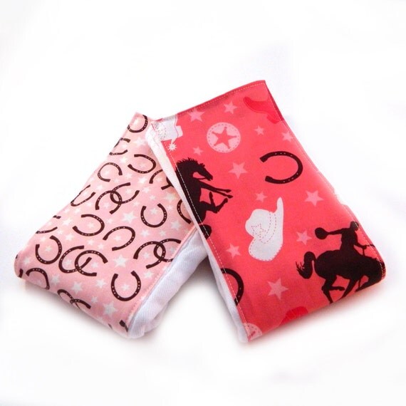 Pink Cowboy Burp Cloth / Girl Burp Cloths -Pink Brown Cowboy Burp Cloth- Set of 2 / Baby Shower Gift