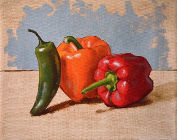 Peppers still life 8x10 original canvas oil painting red green