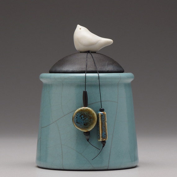 Ceramic Bird jar turquoise green handmade pottery by DavisVachon