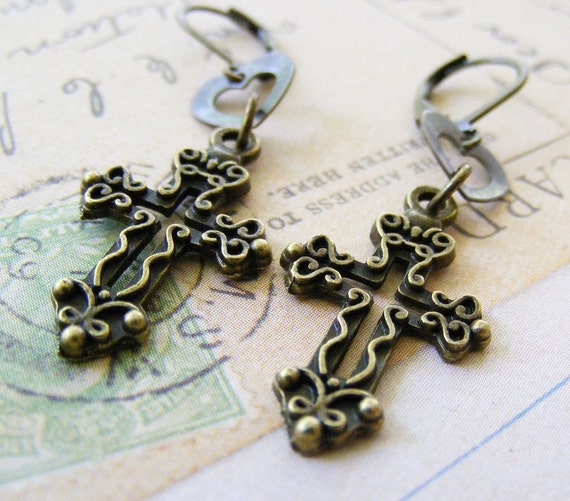 Filigree Cross and Heart Dangle Earrings Antique by meiguidesigns