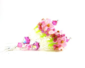 Pink Floral Earrings, Nature Earrings, Lampwork Earrings, Floral Jewelry, Flower Earrings, Glass Dangle Earrings, Garden Wedding - Cherish