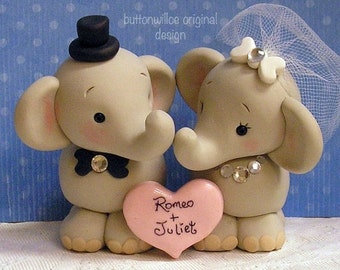 Whimsical Elephant Wedding Cake Topper Hand Sculpted Cute Elephants with Personalized Heart