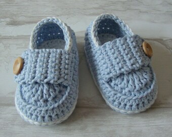 Baby boy shoes, crochet booties blu e sky and off white, cotton ...