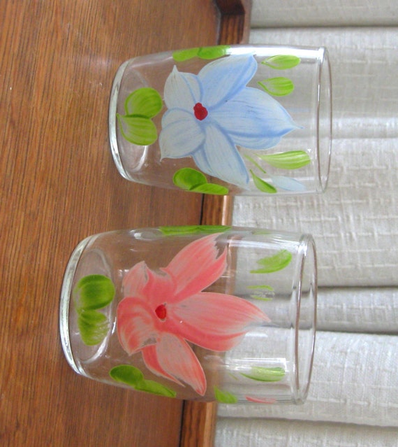 Items similar to Vintage Juice Glasses Hand Painted Floral Flowers Pink