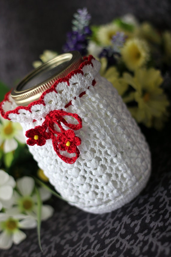 White and Red Mason Jar cozy by DoilyMania on Etsy