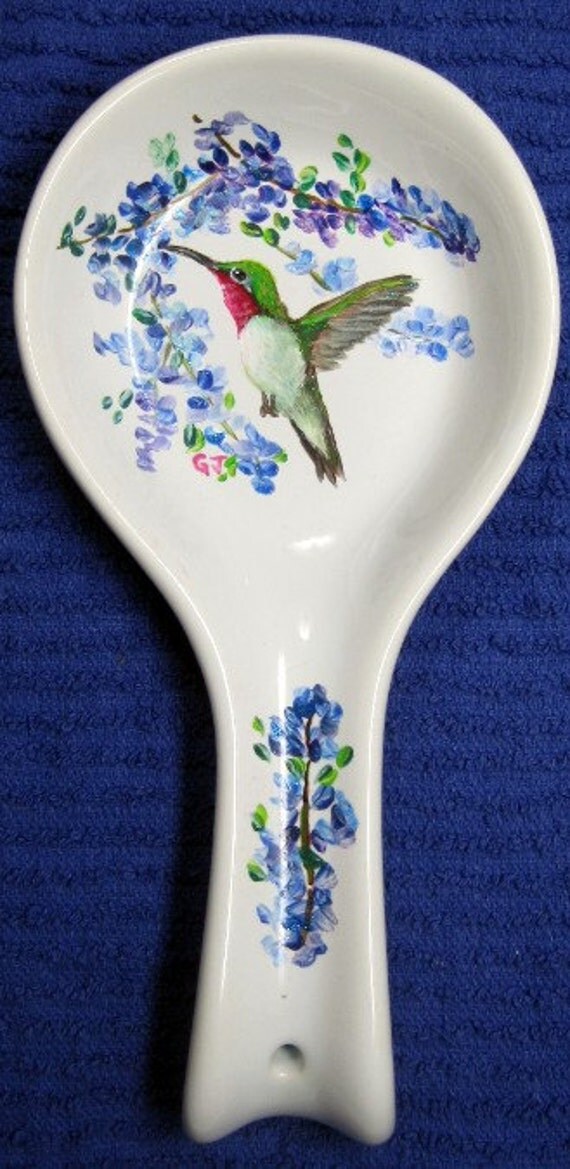 Hand painted ceramic spoon rest hummingbird and flowers