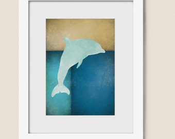 Tropical Wall Art, Blue Beach House Decor, 5 x 7 Dolphin Art Print (84)