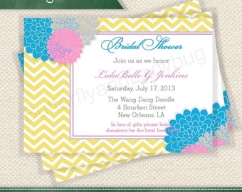 PRINTABLE Blue Chevron and Pink Grey and Blue Floral Baby Shower or Bridal Shower Invitation Digital File DIY You Print Yourself