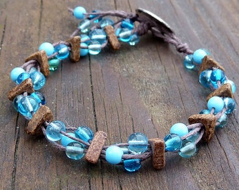Blue Glass Bracelet - Blue Glass Beads, Brown Hemp, Multi Strand Bracelet