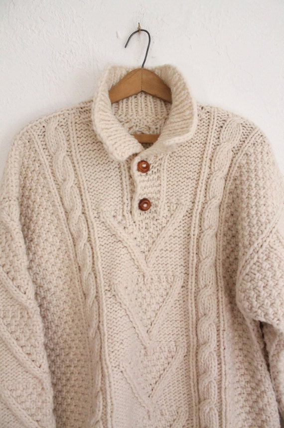 Vintage 70s Men's Ivory Chunky Cable Knit Pullover Sweater