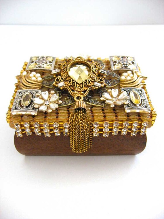 Vintage Rhinestone Jewelry Box Handlayered by ArtCreationsByCJ