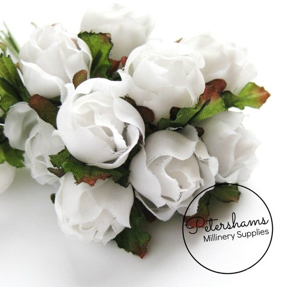 12 Miniature White Rose Flower Picks for Millinery Hat Trim