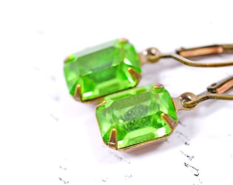 Green Estate Style Earrings, Green Vintage Earrings, Peridot Green Rhinestone Earrings, Rectangle Drops, Bridesmaids Earrings, Bridal Party