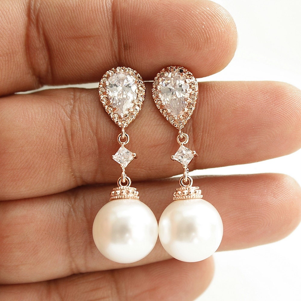 Pearl Rose Gold Earrings Wedding Jewelry Cubic Zirconia Pearl