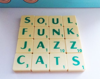 Soul Funk Coaster, Jazz Cats, Upcycled Scrabble Tiles, Cork Backing, Desk Accessory, Music Lover