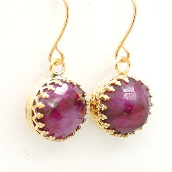 Ruby earrings set in gold filled dangle & lace design