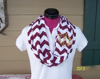 Monogrammed Maroon and White Chevron Infinity Scarf Knit Jersey