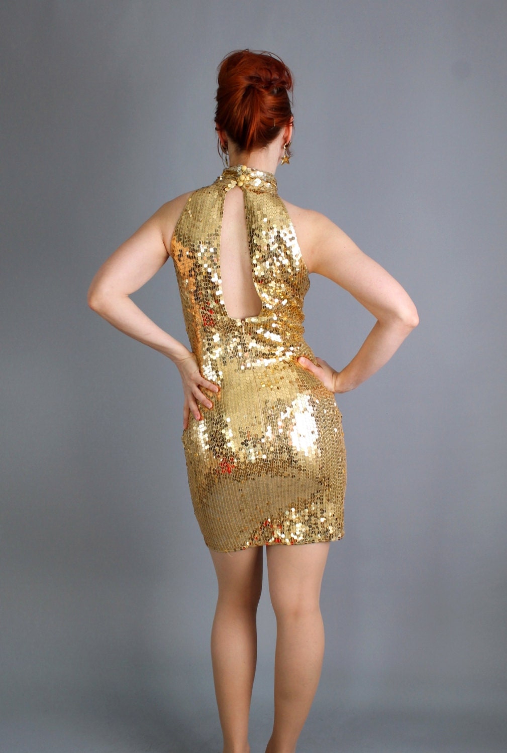 Sexy Hollywood Glam Gold Sequined Cocktail Party Dress. Wiggle Dress. Retro 60s. Prom Dress