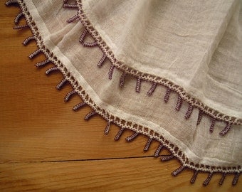 white cotton scarf with purple beaded trim, square vintage crochet