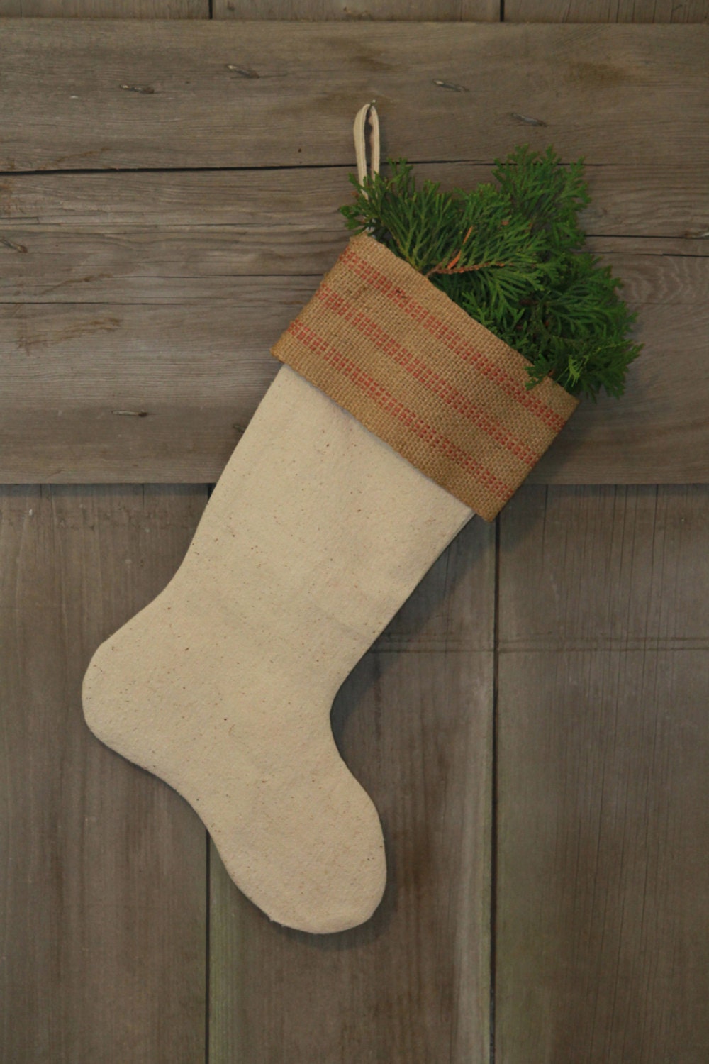 New GrainSack Stocking- Vintage Grain Sack & RED Jute Webbing -New Holiday Christmas Sock