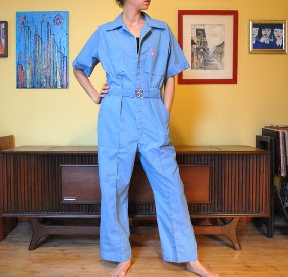 Vintage Jumpsuit Men Coveralls Baby Blue Pit Crew Costume 70s