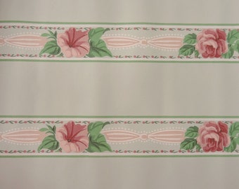 Vintage Wallpaper - Pink Roses and Petunias Pink Ribbon on Green - 1 Yard