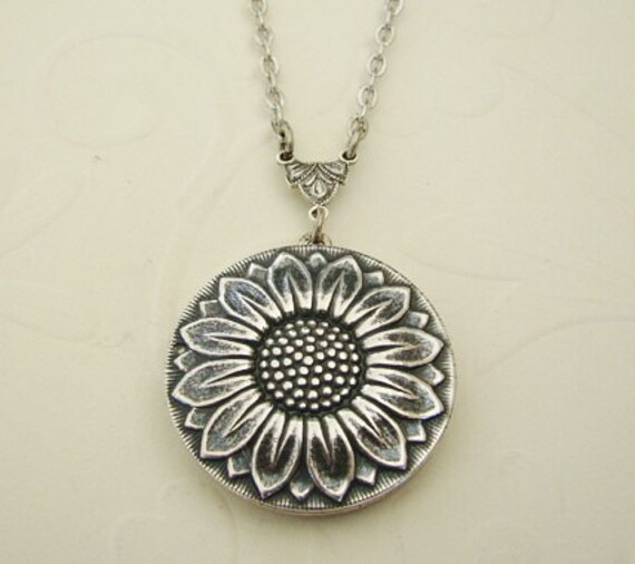 Silver Sunflower Locket Necklace Graduation Wife Sister