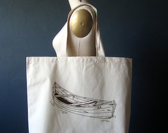 Screen Printed Recycled Cotton Tote Bag - Eco Friendly Grocery Tote - Canvas Tote Bag - Large Tote - Canoe Book Bag - Handmade Project Bag