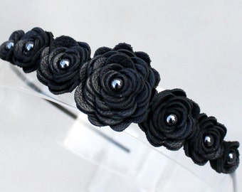 Black flower headband leather roses on black metal hairband, tiara, crown woodland wedding 3 year anniversary gift prom wearable art