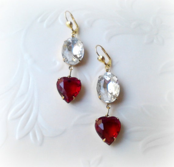 Ruby Earrings : Earrings Vintage Ruby Red Long Dangle Heart Rhinestones