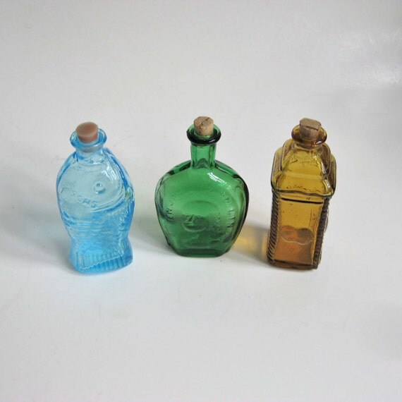 Set of Three Small Colored Bottles / Decorative